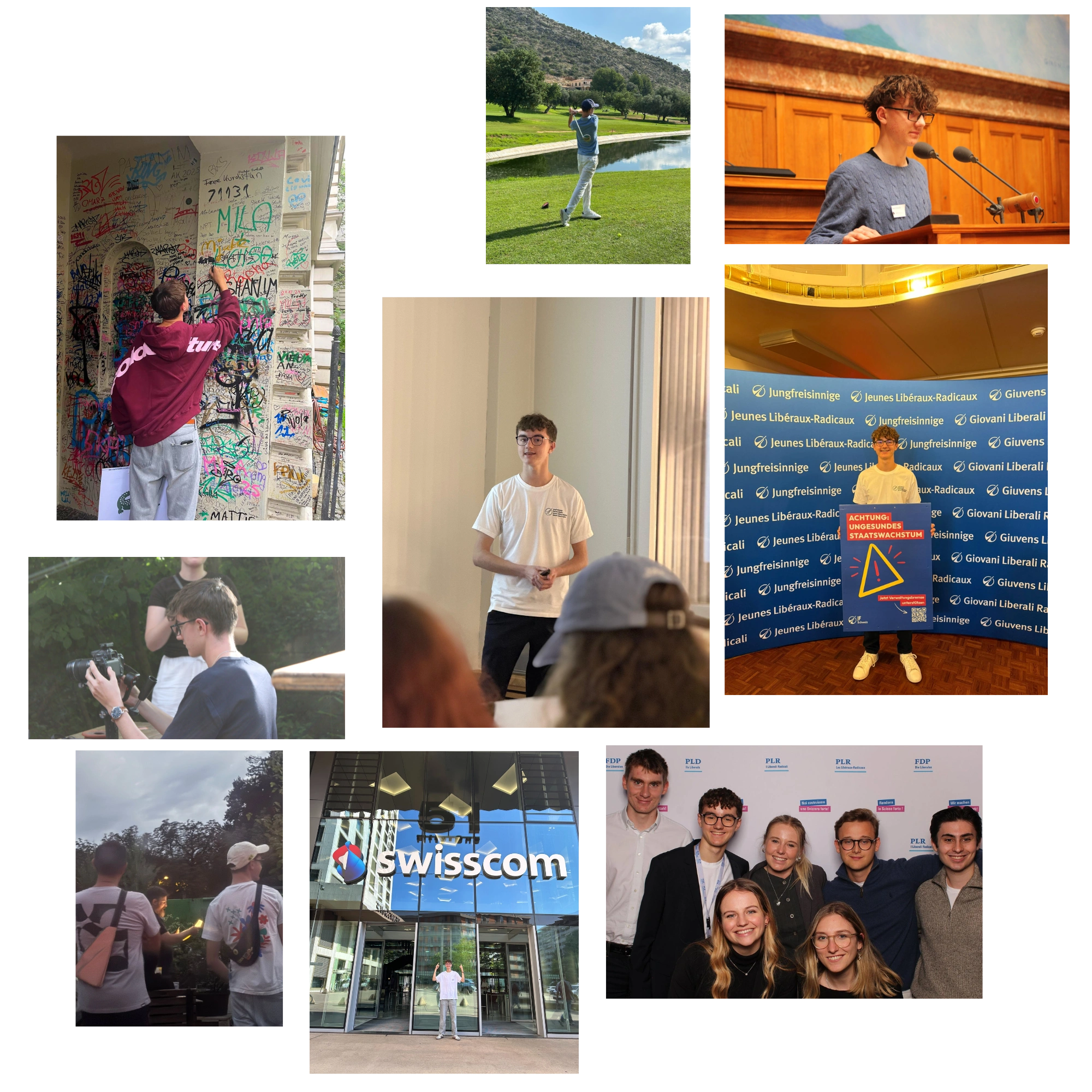 Bildcollage mit mehreren Bildern über Paul. Dabei zeigt er seine Hobbies, wie zum Beispiel Golf, Videografie und Politik.